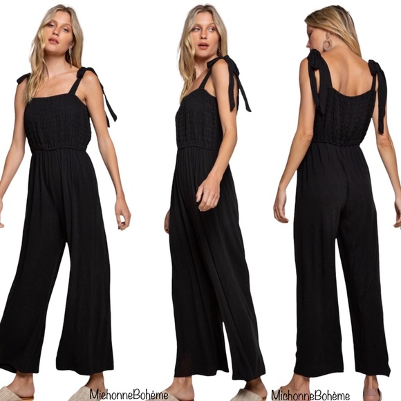 POL Black Relaxed Fit Smocked Jumpsuit Self Tie Shoulder Ribbons - Picture 16 of 16